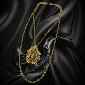 Vintage Trifari Filigree Necklace Gold Tone Pendant Double Strand Victoriana